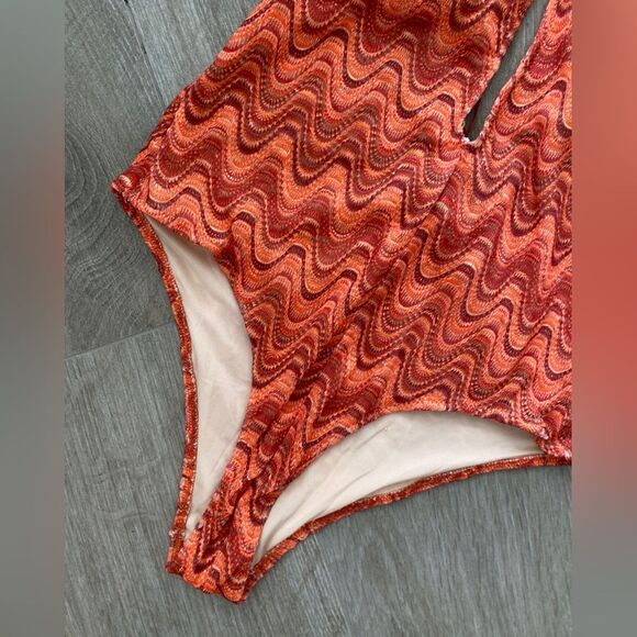 ZARA NWT Retro Wavy Print Halter One Piece Swimsuit Large Boho Keyhole Plunge - Picture 10 of 16